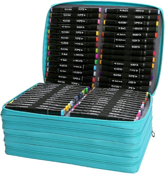 Marker Pen Organizer Case 224 Slots w/Handle & Shoulder Strap | 4-Layer Zipped Pencil Pouch PU Leather w/Open Front pocket for Gel Pen Markers to Artists, Painters - Image 3