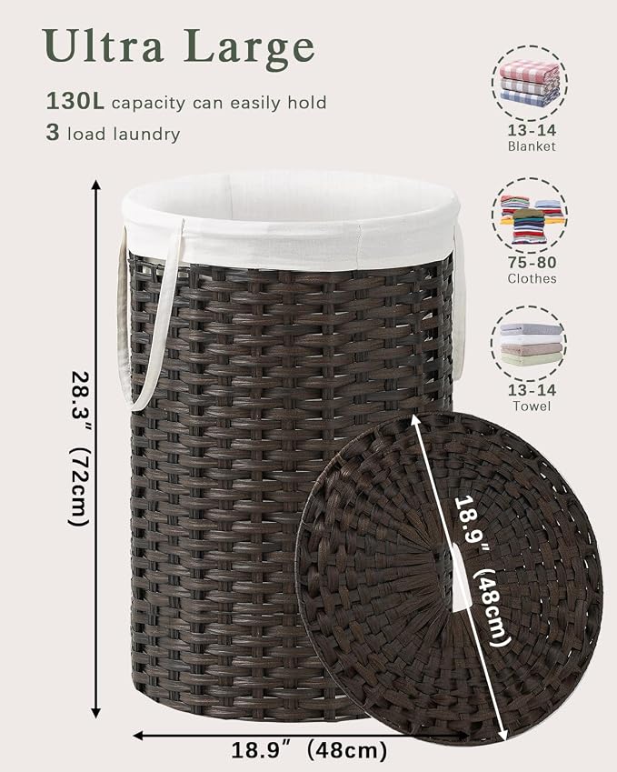SETVSON Large Laundry Hamper Laundry Basket, Round PE Rattan, Brown | 130L Extra Large Handwoven Basket, Open Top, Removable Washable Liner Bag, 2 Mesh Laundry Bags, Side Long Handles - Image 4