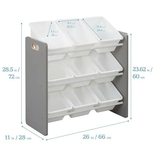 ECR4Kids 3-Tier Organizer with 9 Removable Plastic Bins, 3x3, Toy Storage, Grey/White | Durable plastic bins, MDF panels, steel frame, GREENGUARD Gold Certified, 27 lb capacity, anti-tip kit, playroom/classroom - Image 3