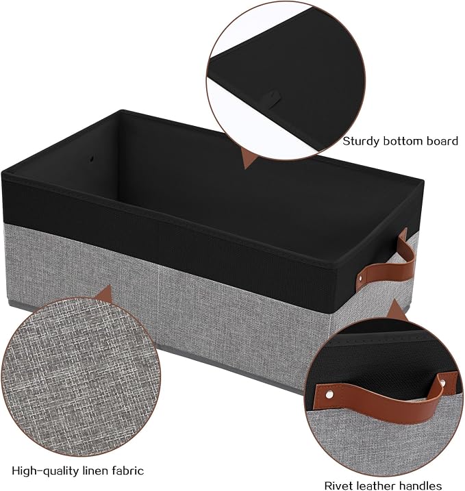 3 Pack Large Capacity Storage Bins Closet Organizer for Shelves | Fabric Closet Storage Baskets Boxes with Leather Handles for Organizing Clothes, Sheets, Jeans, Toys, Books (Black and Grey) - Image 4