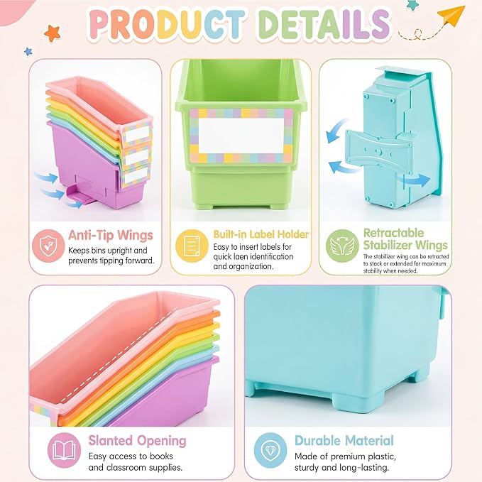 Geetery 12 Pack Non-Tip Book Bins with Stabilizer Wings Multicolor Plastic Storage Organizers Color Code Organization for Home Office Desktop Library Shelves Document Magazine File Holder (Pastel) - Image 3