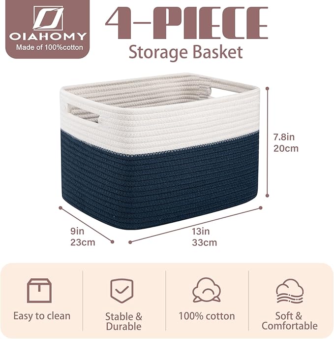 OIAHOMY 4 Pack Storage Basket, 13"x9"x7.8" Cotton Rope Baskets for Shelves, Closet Organizer for Bedroom & Living Room, Soft Decorative Bins for Organizing Towels, Books & Toys, Blue & White - Image 2