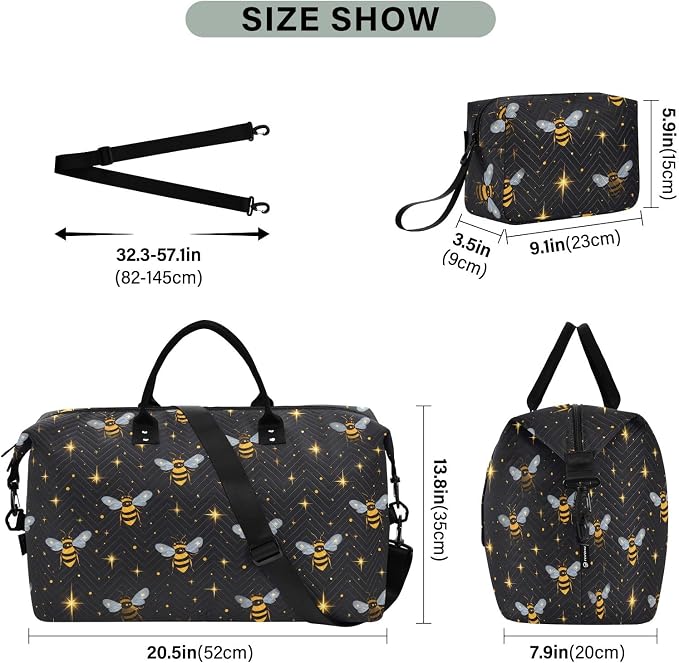 Large Travel Duffel Bag Sports Tote Gym Bag Overnight Weekender Bags Golden Bee Queen Crown Pattern Carry On Luggage with Toiletry Bags - Image 3