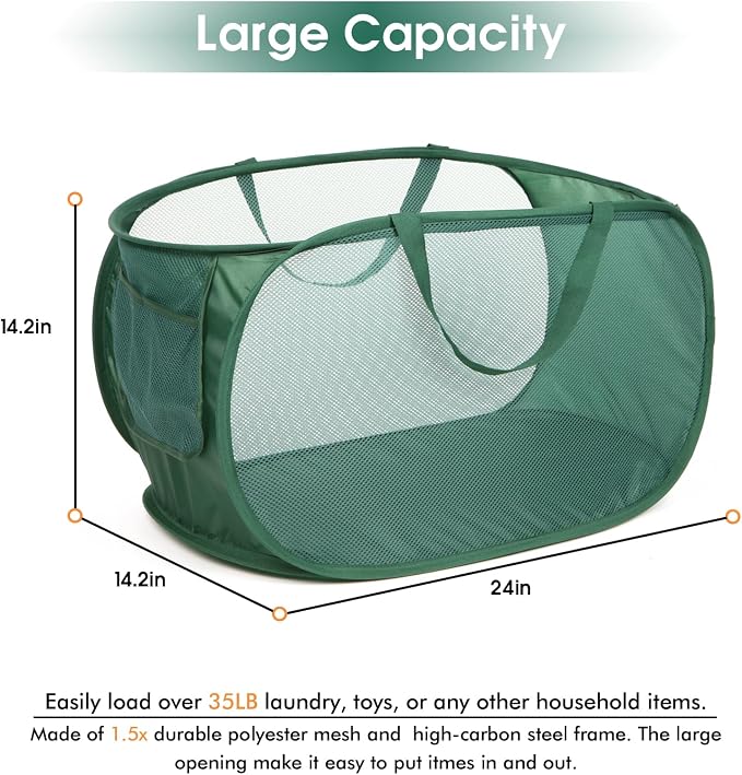 Sturdy Collapsible Laundry Baskets- Pop Up Laundry Hampers with Handy Pocket, Foldable Clothes Hamper with Reinforced Carry Handles for Laundry, Bathroom, Kids Room, Dorm or Travel Green - Image 2