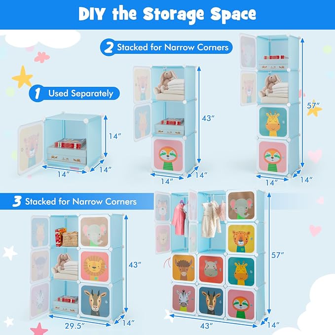 HONEY JOY Kids Wardrobe Closet, Baby Cartoon Clothes Storage Organizer, 12 Cubes & 2 Hanging Sections, Portable Children DIY Modular Bedroom Armoire Dresser Cabinet for Boys Girls (Blue) - Image 3