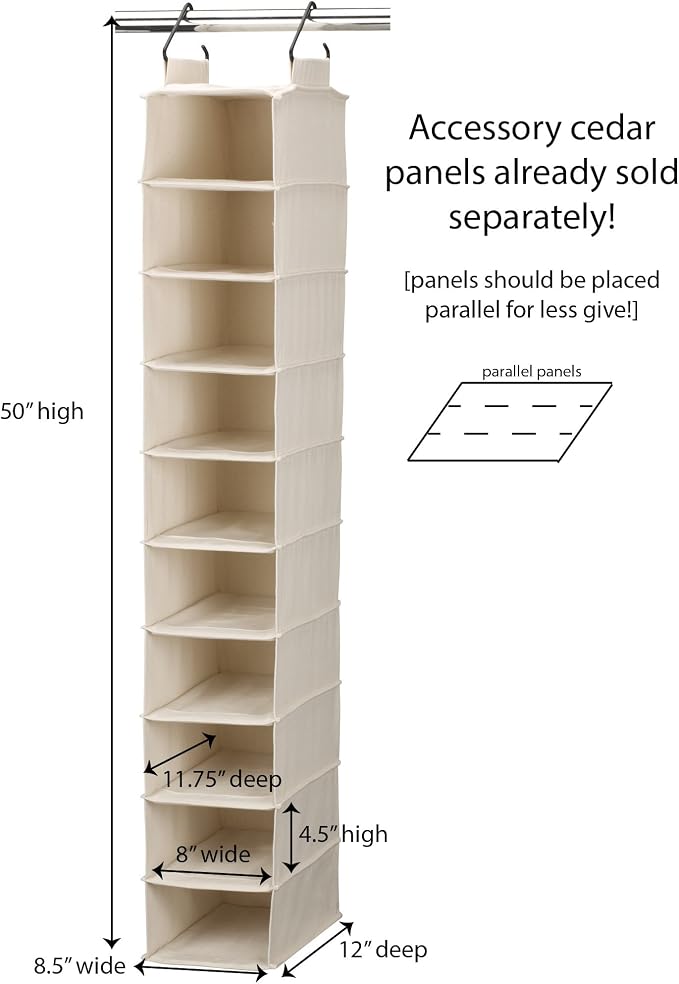 Household Essentials Hanging Shoe Organizer, 10 Wide Cubbies with Cedarline Pockets, Heavy-Duty Cotton Canvas, Removable and Industrial Hooks, Natural - Image 3