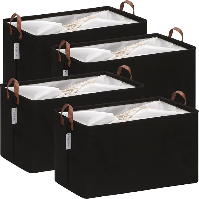 Hinwo 70L Extra Large Canvas Storage Bin with Lid and Handles, 4-Pack | Collapsible Fabric Baskets, Closet Shelf Organizers, Containers for Clothing, Blankets, Toys, Bedding (Black) by Hinwo