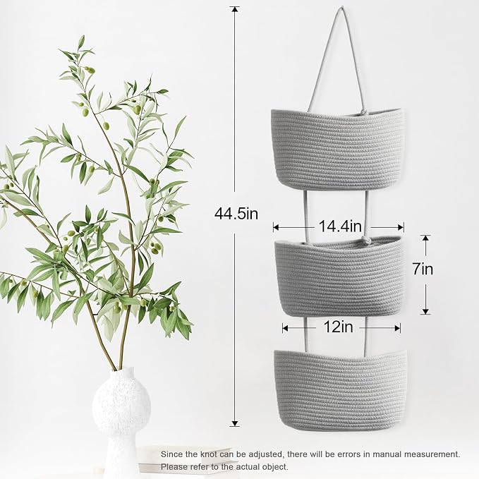 TeoKJ Over the Door Hanging Basket, 3-Tier Woven Cotton Wall-Mounted Storage Organizer Bag Decorative Hanging Nursery Baskets, Gray - Image 5
