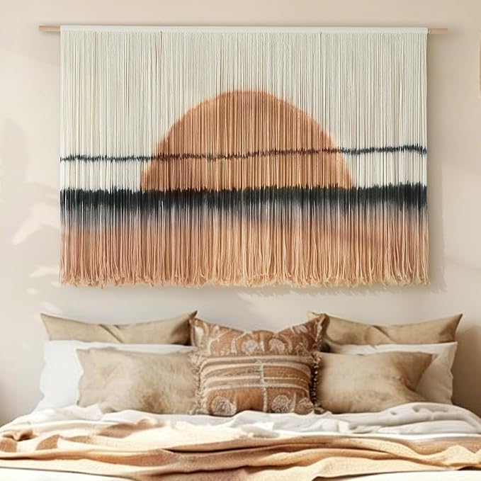 Macrame Wall Hanging Dip Dye Sunset Boho Wall Decor Fiber Art 57" W*35" L | Fiber Wall Art, Hand Dyed Wall Hanging, for Bedroom Living Room Office Dorm Room Accent, Aesthetic Home Style, Boho Decor - Image 3