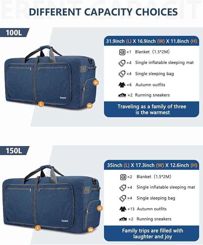 Gonex 150L Foldable Travel Duffle Bag with Shoe Compartment, Lightweight | 210D Nylon, Water-Repellent, Folds Compact, Multiple Pockets, Luggage Sleeve, Family Travel & Camping, Dark Blue - Image 3