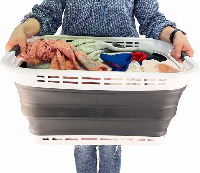 SAMMART 42L (11 Galloons) Collapsible Plastic Laundry Basket - Foldable Pop Up Storage Container/Organizer - Portable Washing Tub - Space Saving Hamper/Basket (White/Asphalt) - Image 4