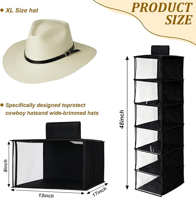 Briwooody 2 Pack XL Cowboy Hat Rack for Closet, 6 Shelf Hanging Hat Organizer for Wide Brim Caps, Dustproof Storage with Cover, Space Saving Closet Organizer for Cowboy Fedora Western Caps - Image 2