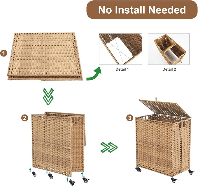 Laundry Hamper with Wheels&Lid, 50.2 Gallons(190L) Rolling Laundry Basket with Wheels, 3-Section Laundry Hamper, Handwoven Rattan Clothes Hamper with 6 Removable Liner& 3 Mesh Laundry Bags, Natural - Image 6