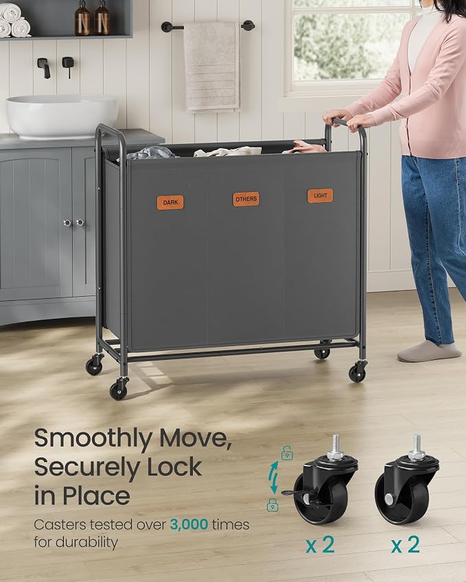 SONGMICS 3-Section Laundry Sorter, Laundry Hamper with Wheels, Rolling Clothes Hamper Cart with Large Capacity and Removable Bags, for Laundry Room, Bedroom, Bathroom, Slate Gray URLS330G01 | Rolling Clothes Hamper Cart, Large Capacity, for Laundry Roo... - Image 4
