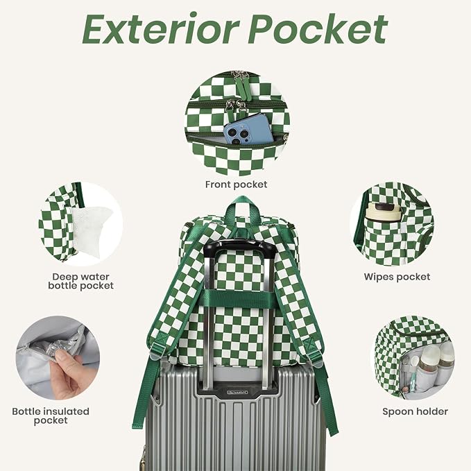 FHELAD Checkered Diaper Bag Backpack with Changing Pad & Stroller Clips | Baby Diaper Bag, Baby Shower Gifts, 4 Insulated Bottle Holders, Wet Wipe Pocket, Luggage Strap - Image 3