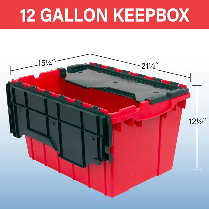 Akro-Mils KeepBox 12 Gallon Storage Container, Nesting and Stackable Plastic Storage Box with Lid Attached, Organizer Tote for Garages, Closets, and Moving, 21-1/2" x 15" x 12-1/2", Red/Green, 6-Pack - Image 3