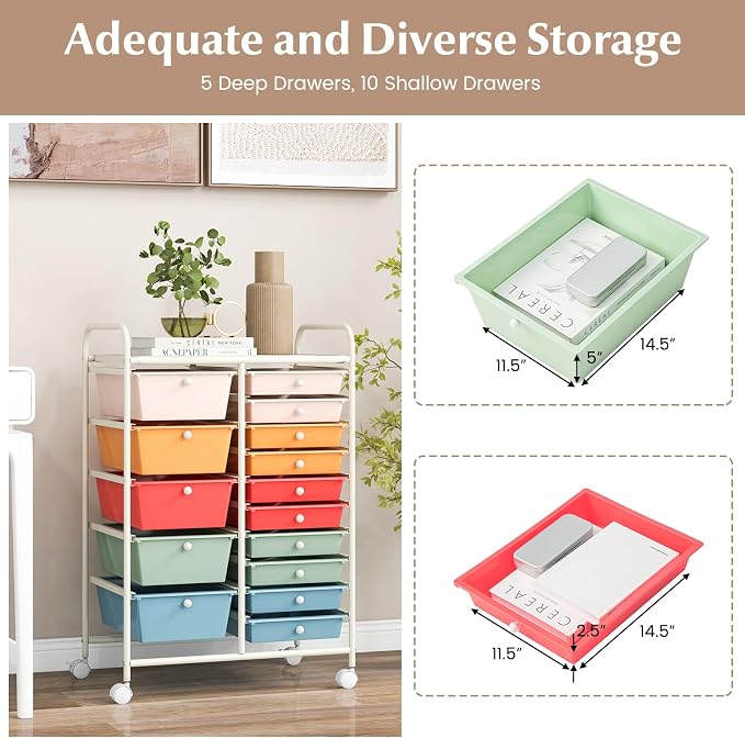 RELAX4LIFE 15-Drawer Storage Drawer Carts - Mobile Rolling Utility Cart w/Wheels, Craft Organizer for Classroom Organization and Storage, School, Office, Home, Storage Organizer Cart (Macaron) - Image 4