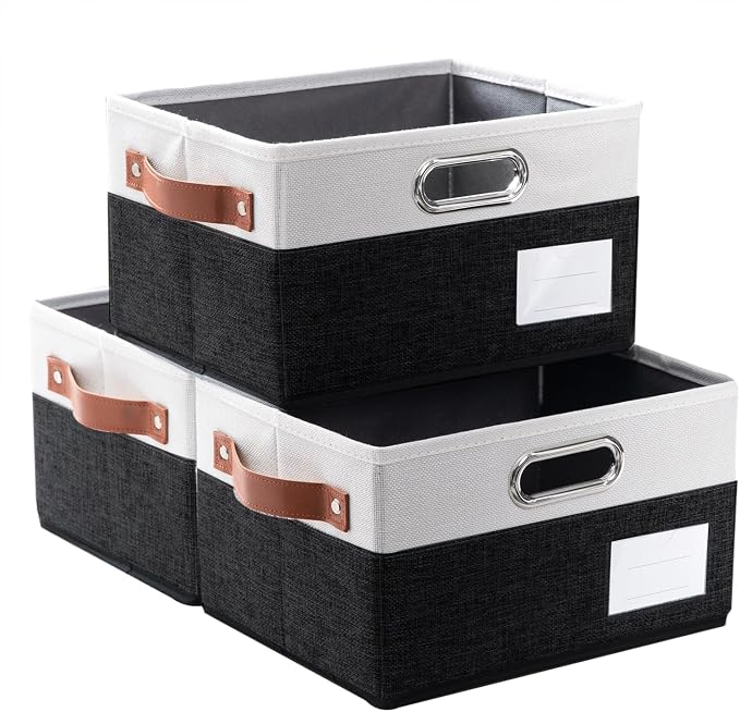 Foldable Storage Bins with Handles [3-Pack] Fabric Collapsible Storage Boxes Baskets Cubes Containers with Handles for Closet Living Room Bedroom (Black & White 11.5x8.5x6.7'') by Prandom