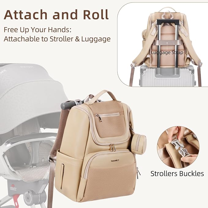 Large Leather Diaper Bag Backpack, Baby Travel Bag with Changing Pad, Insulated Pockets, Stroller Straps and Pacifier Case, Water-Resistant Diaper Bag for Mom and Dad, Khaki - Image 5