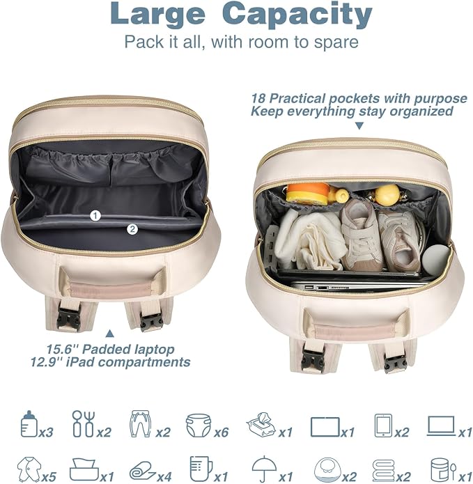 Diaper Bag Backpack, Quilted Baby Bag with Changing Pad & Stroller Straps & Pacifier Case, Large Travel Diaper Bags for Mom Dad, Khaki - Image 5