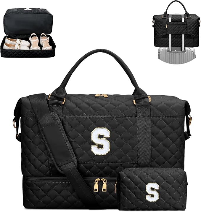 Personalized Gift for Women Monogram Overnight Bags(Black,S) | Women Gifts-Travel Weekend Bags-Overnight Bags for Women with Shoe Compartment by Unknown