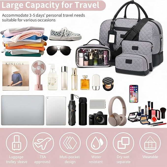 4PCS Weekender Bags for Women Large Overnight Weekend Travel Duffel Bags | Travel Bag Carry-on Tote Hospital Bag with Shoe Compartment Crossbody Toiletry Bag for Travel Business Gym Water Resistant - Image 6