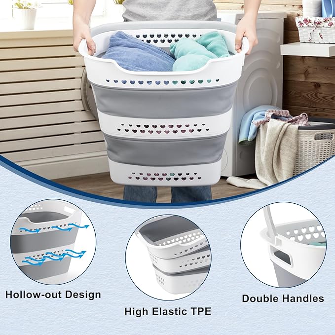 Collapsible Laundry Basket 42L Foldable Pop-Up Clothes Hamper for Dorm | Plastic Pop Up Laundry Hamper with Handle Saving Portable Dirty Clothes Basket Organizer Container for Washing & Storage - Image 4