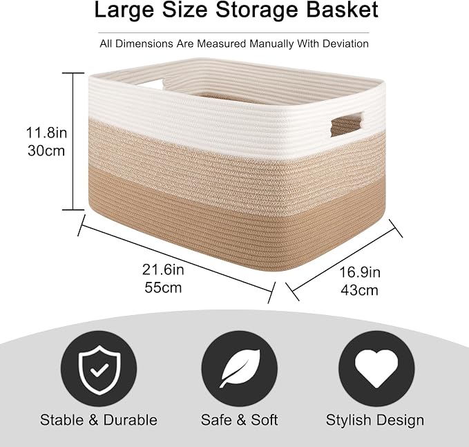 OIAHOMY Blanket Basket Laundry Basket Dog Toy Basket 75L Light Yellow | Large Storage Basket,Baby Basket,Toy Storage,Woven Rope Basket for Blankets,Blanket Storage for Living Room - Image 3
