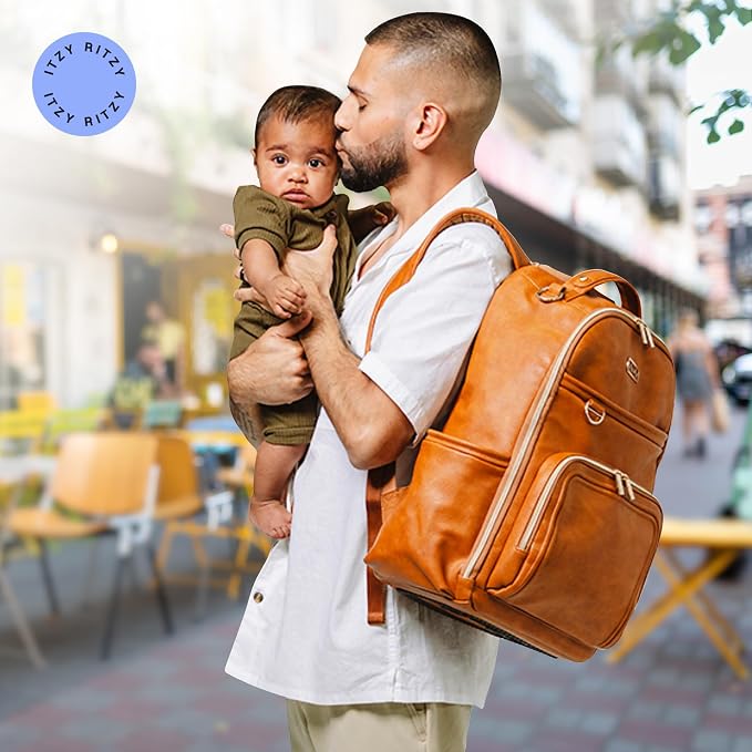 Itzy Ritzy Boss Plus Large Diaper Bag Backpack with 19 Pockets (Cognac) | Includes 2 Insulated Bottle Pockets, Changing Pad, Stroller Clips, Comfortable Padded Straps, Easy-to Clean, Travel-Ready - Image 8