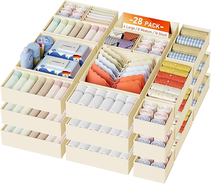 DIMJ Drawer Organizer Clothes, 28 Pack Dresser Organizer, Foldable Closet Organizers and Storage, Fabric Dresser Bins, Drawer Dividers for Nursery, Baby Clothes, Underwears, Sock,Beige by DiMJ