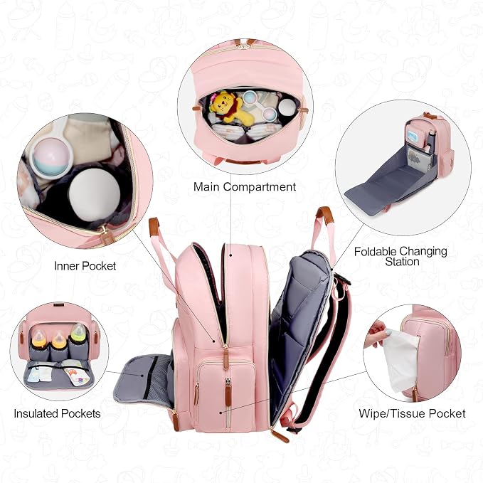 Diaper Bag Backpack with Changing Station, Baby Diaper Organizer Travel Bag | Large Capacity Diaper Bag for Moms Dads - Fold Out Changing Pad, Insulated Pockets, Stroller Straps, Baby Eessentials - Image 5