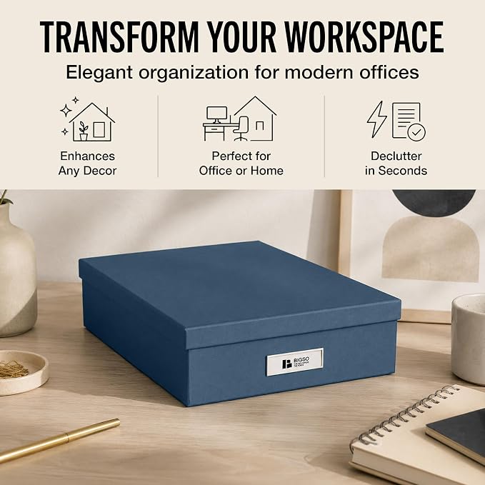 Bigso Box of Sweden Oskar Fiberboard Label Frame Document Letter Box | File Organizer for Important Paperwork | Document Storage with a Lid & Label Window | 3.3"x10.2"x13.8" | 3 Pack | Dark Blue - Image 2