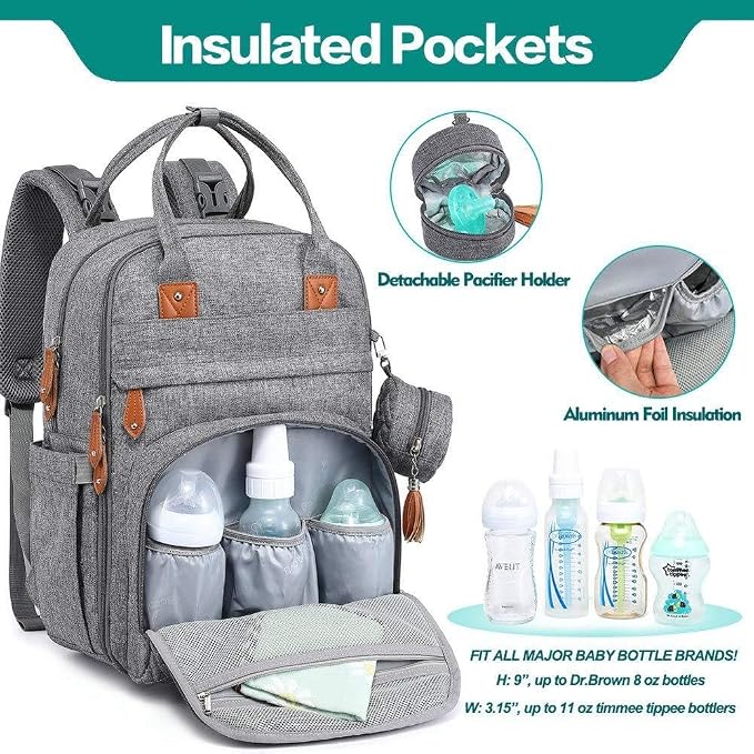 KAUKKO Baby Diaper Backpack Multifunction Travel Organizer with Stroller Straps Large Capacity and Durable (T1BLACK) (MGRAY) - Image 3