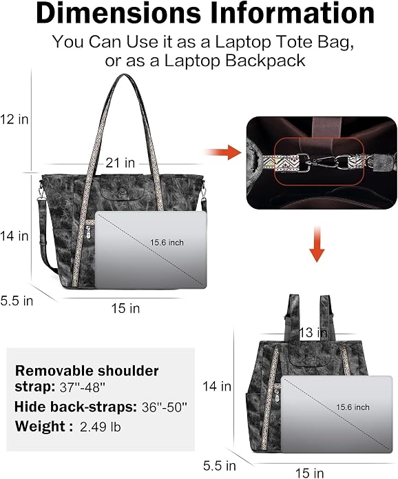 Large Laptop Tote Bag for Women Designer Leather Laptop Bag, 15.6in | Fashion Travel Backpack Purse Shoulder Handbag Fits 15.6 Laptop, Daily, Work, Business Trip, Weekend Travel, Teacher - Image 4
