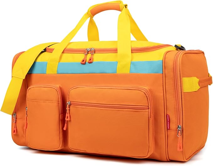 Large Kids Duffle Bag for Travel, Overnight or Weekend, Orange | Roomy Size: 22.0"L x 12.0" H x 12.0"W, Made of Thick Polyester Fabric - Image 2