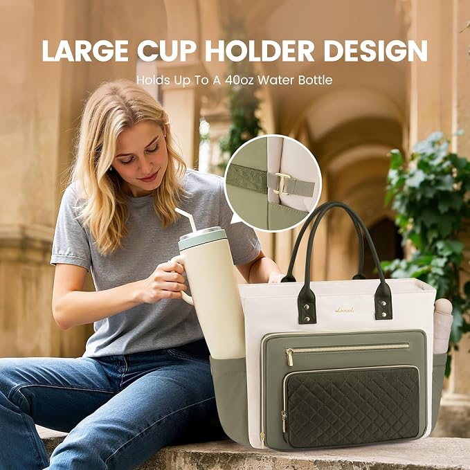 LOVEVOOK Teacher Tote Bag for Women Work, Laptop Bag With Large Cup Holder, Nurse Bags Professional Briefcase Business Computer Purses Handbag,Light Green-Beige-Olive Green,15.6 Inch - Image 6