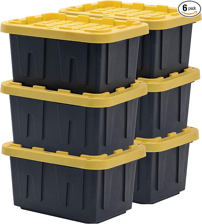 BLACK & YELLOW 5-Gallon Stackable Plastic Storage Bins with Lids, 6 Pack | Small heavy-duty storage totes for garage, closet, classroom & home organization, 8.6H x 12.3W x 16.4D, Black & Yellow by BLACKYELLOW