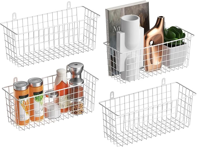 MaraFansie Wire Basket 4-Pack [Extra Large] Hanging Wall Organizer Cabinet Storage Basket Wall Mounted Shelves Rustic Farmhouse Decor for Home Kitchen Bathroom, White by MakeStorageMoreFun