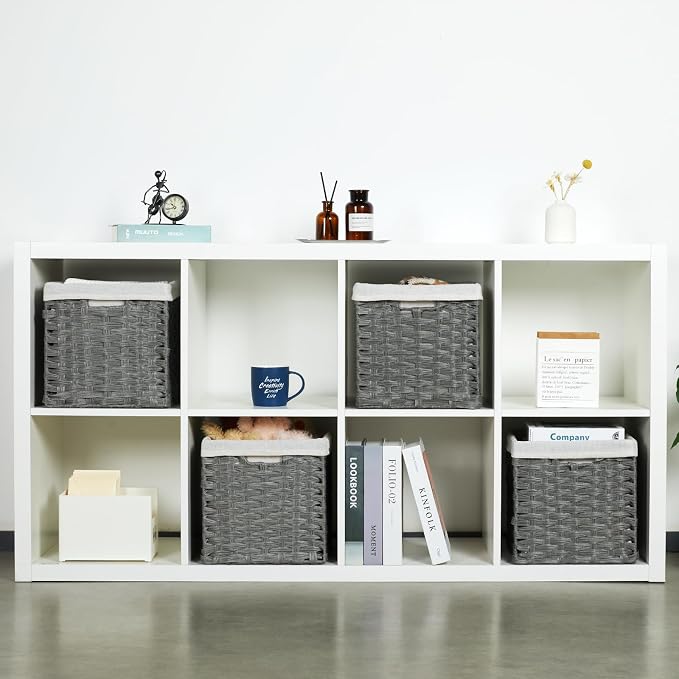 Bidtakay Wicker Storage Baskets for Organizing 4-Pack Hand-Woven Imitation Dark Grey Wicker Cube Storage Bins with Liners for Shelves Closet Cabinet 11x11 Waterproof Cube Organizer for Pantry - Image 4