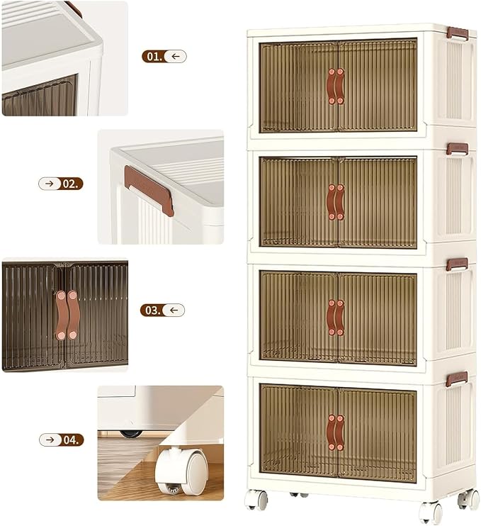 380QT 4-Tier Plastic Stackable Storage Bins and Boxes Organizer, Foldable Containers, Stackable Storage Bins with Doors, Collapsible Boxes, White (4 Tier, 25.8″) - Image 4