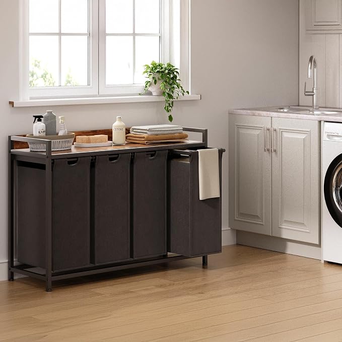 Herture Laundry Hamper with Shelf, Laundry Basket 4 Section, Laundry Sorter with Pull-Out Removable Large Bags and Movable Wheels, Metal Frame, 4 x 15.87 Gallons (60L), Rustic Brown + Black PF07XLY - Image 5