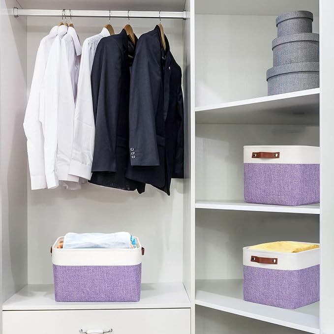 Storage Bins Large Fabric Storage Baskets for Shelves 3 Pack, Decorative Linen Closet Baskets with Handles for Organizing, Shelf, Clothes, Home, Office, 15x11x9.5Inches (Purple&White) - Image 2