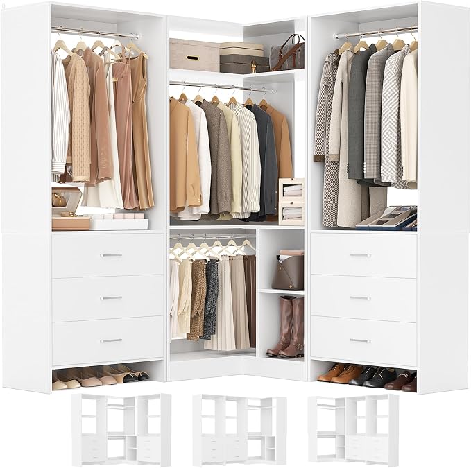 Aheaplus Closet System with 6 Drawers, 4 Hanging Rods & Corner Tower, Corner Closet System with Hanging, 80.9" L-Shaped Walk-In Wardrobe Organizer, 2000+ lbs Capacity, Set of 3, White by Aheaplus