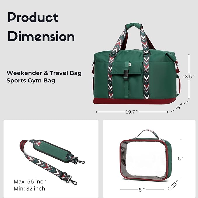 Duffel with Utility Pouch, 40L Weekender Overnight Bag with Shoe Compartment for Travel and Sports (Greenboho) - Image 7
