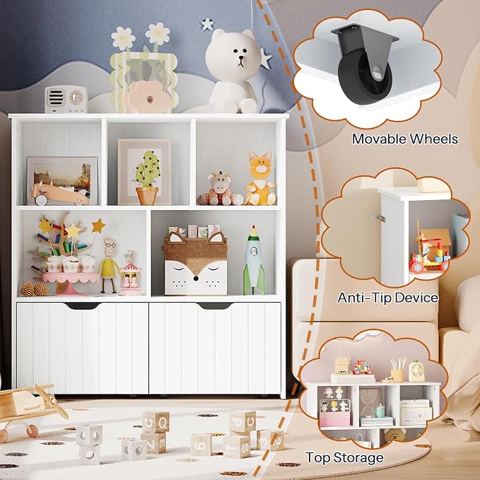 HOOBRO Toy Storage Organizer, Toy Organizers and Storage with 2 Movable Drawers and 5 Cubbies, Toy Chest Shelf for Books or Dolls, Kids Bookshelf and Toy Storage for Playroom, White WT88CW01 - Image 9