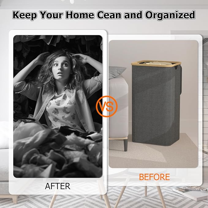 Laundry Basket with lid, Collapsible Laundry Hamper with Bamboo Handle, Dirty Clothes Hampers with Removable Laundry Bag for Clothes Toys Towels (Grey, 100L 2 Pack) - Image 2