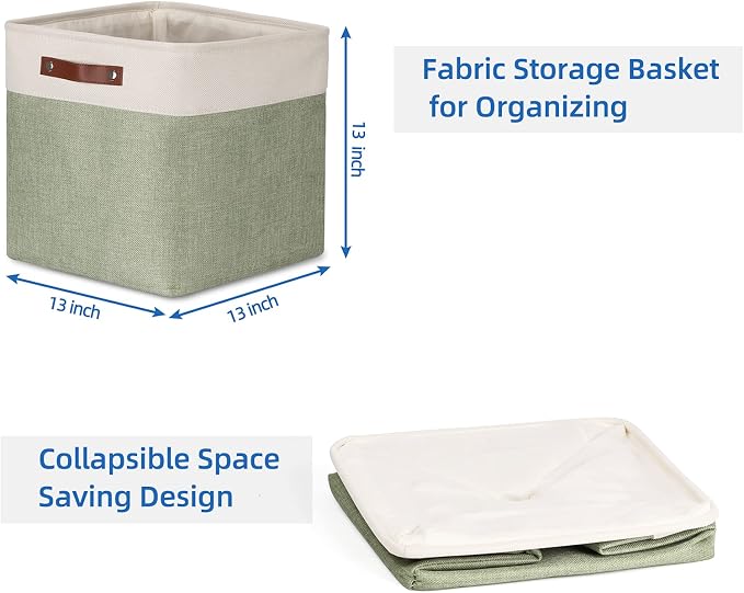 Temary Cube Storage Baskets for Shelves 4pack Fabric Storage Basket for Organizing Clothes, 13 Inch Storage Cubes with Leather Handles, Closet Baskets (White&Green) - Image 7