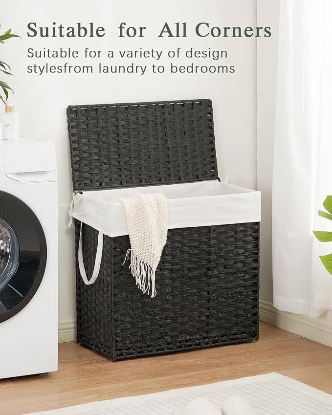 SETVSON Laundry Hamper with Lid Laundry Basket 35 Gal PE Rattan, Black | Large Family Clothes Sorter Trunk with Lid, 4 Compartment Washable Liners, 6 Mesh Bags, Collapsible Steel Frame - Image 8