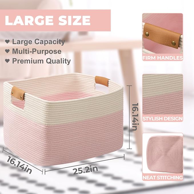 Large Woven Basket 25’’*16’’*16’’ Rectangle Woven Baskets for Storage, Storage for Living Room, Soft Cotton Rope Basket With Handle, Large Basket for Kids Dog Toys, 108L Pink+White - Image 3