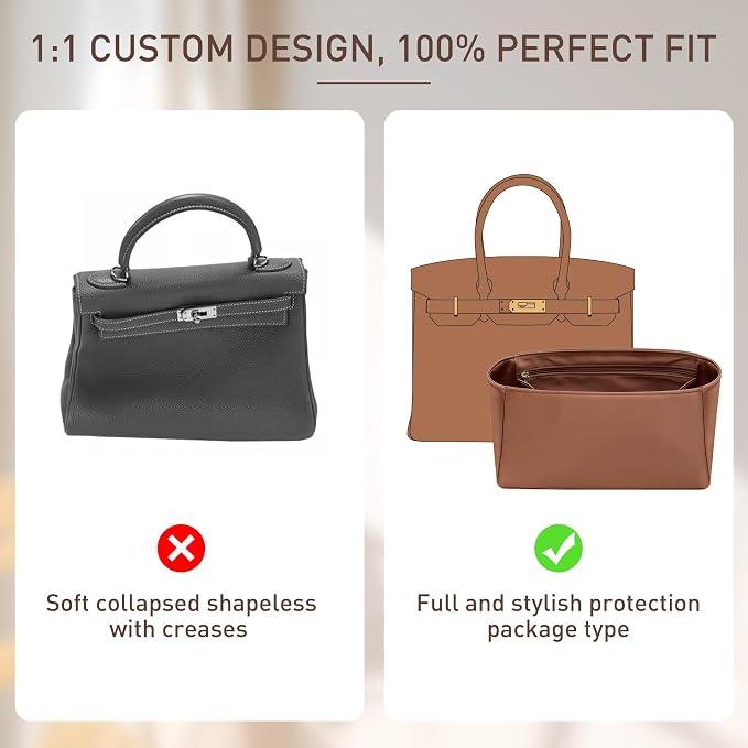 Satin Purse Organizer Insert for Hermes Birkin 35, Gold | Satin Birkin 35 Insert, 6 Pockets, Zippered Pocket, Keychain, Lightweight, Scratch Resistant, Keeps Shape, Easy Clean - Image 4